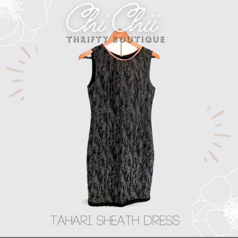 SOLD- Elie Tahari Marina Abstract Gray Jacquard Sheath Orange green Accent Dress
